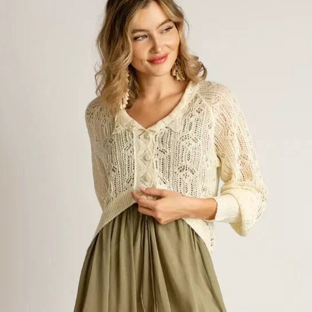 Joyfolie Jelina Button Down High Low Crochet Sweater in Cream NWOT - Size S - Picture 4 of 13